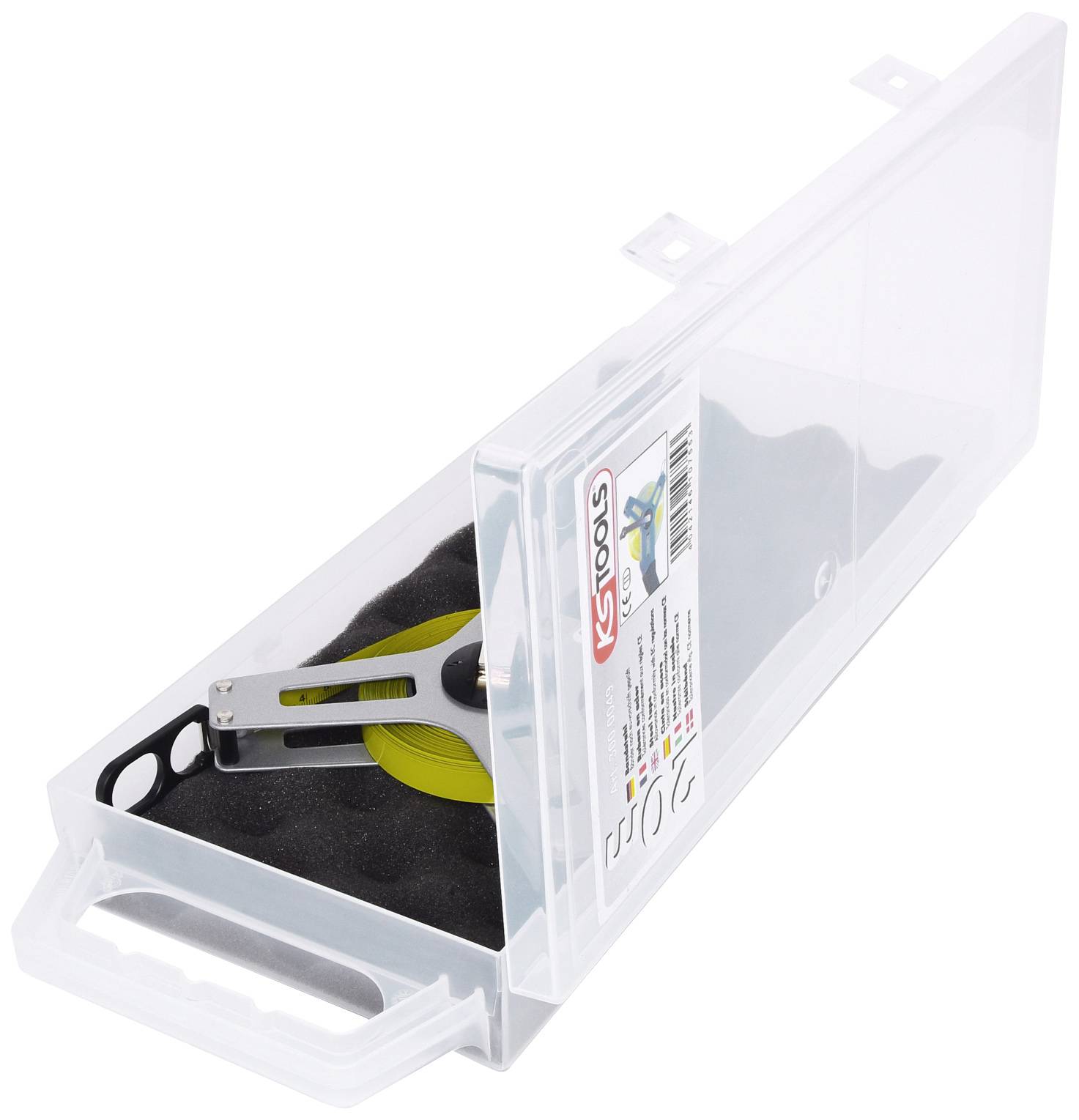 Transparent plastic box with handle, containing a green and silver tool from 'KS Tools'.