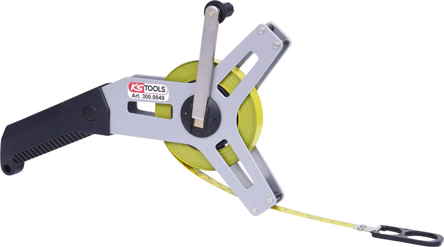 A yellow measuring tape with a handle and hook, coiled in a black and silver casing, marked with 'KS Tools'.