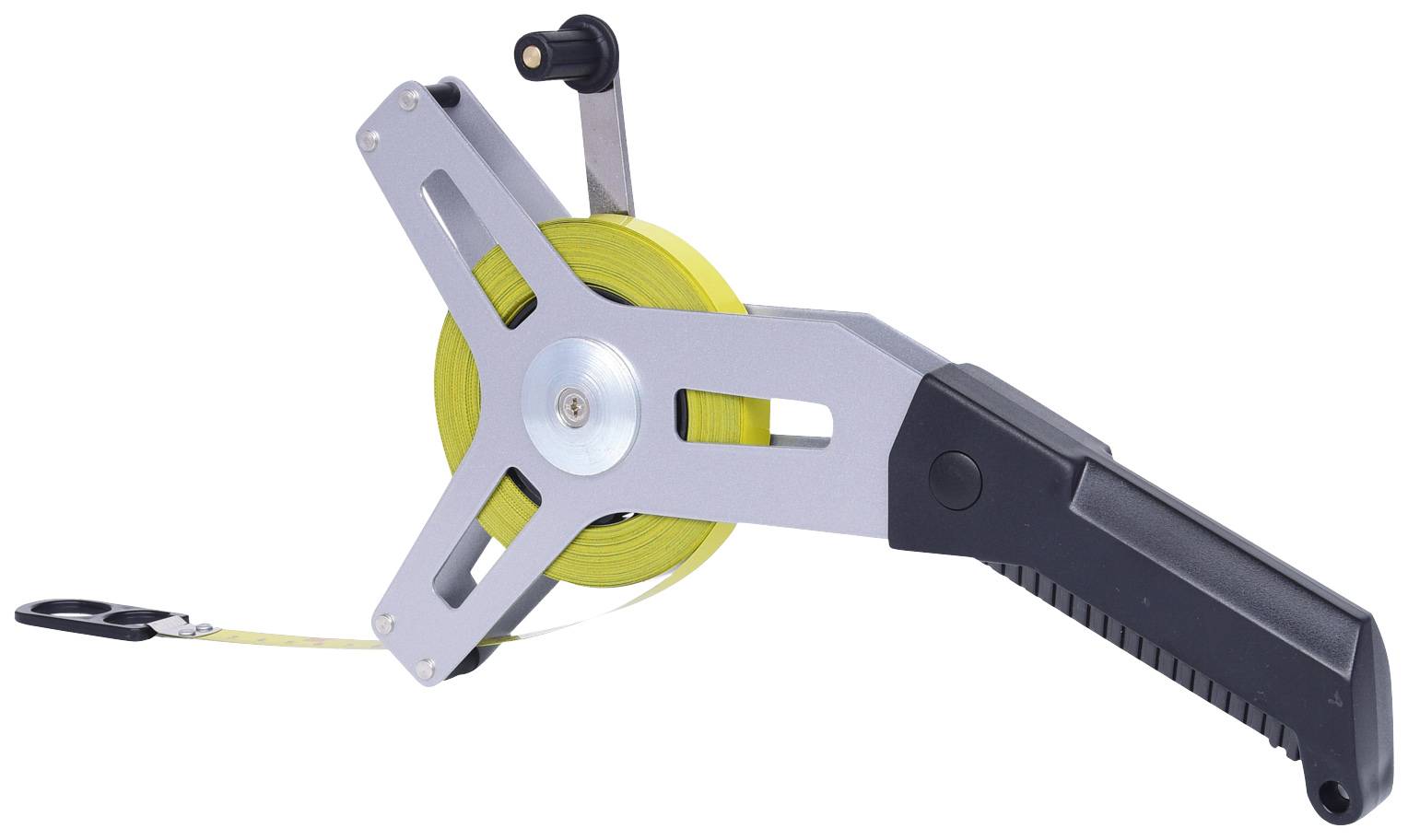 Measuring tape with handle and winder, long yellow tape, suitable for precise measurements in construction or gardening projects.