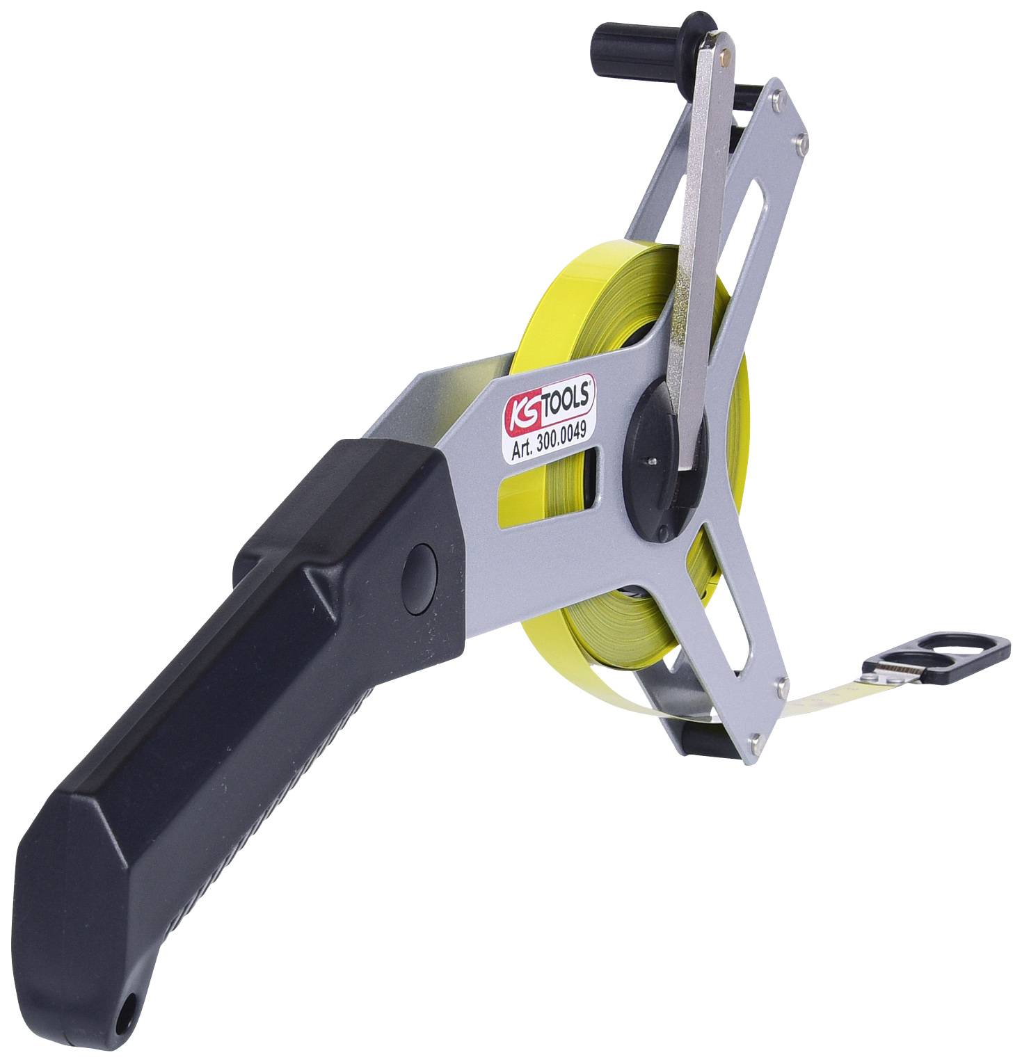 A yellow measuring tape with a black handle and silver frame, suitable for precise measurements in craft work.