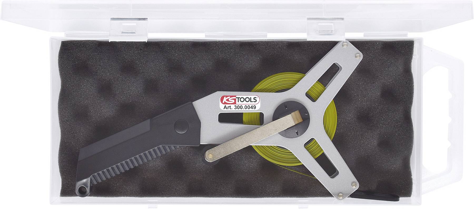 A measuring tape in a transparent plastic case, lined with foam inside, labelled 'KS Tools'.