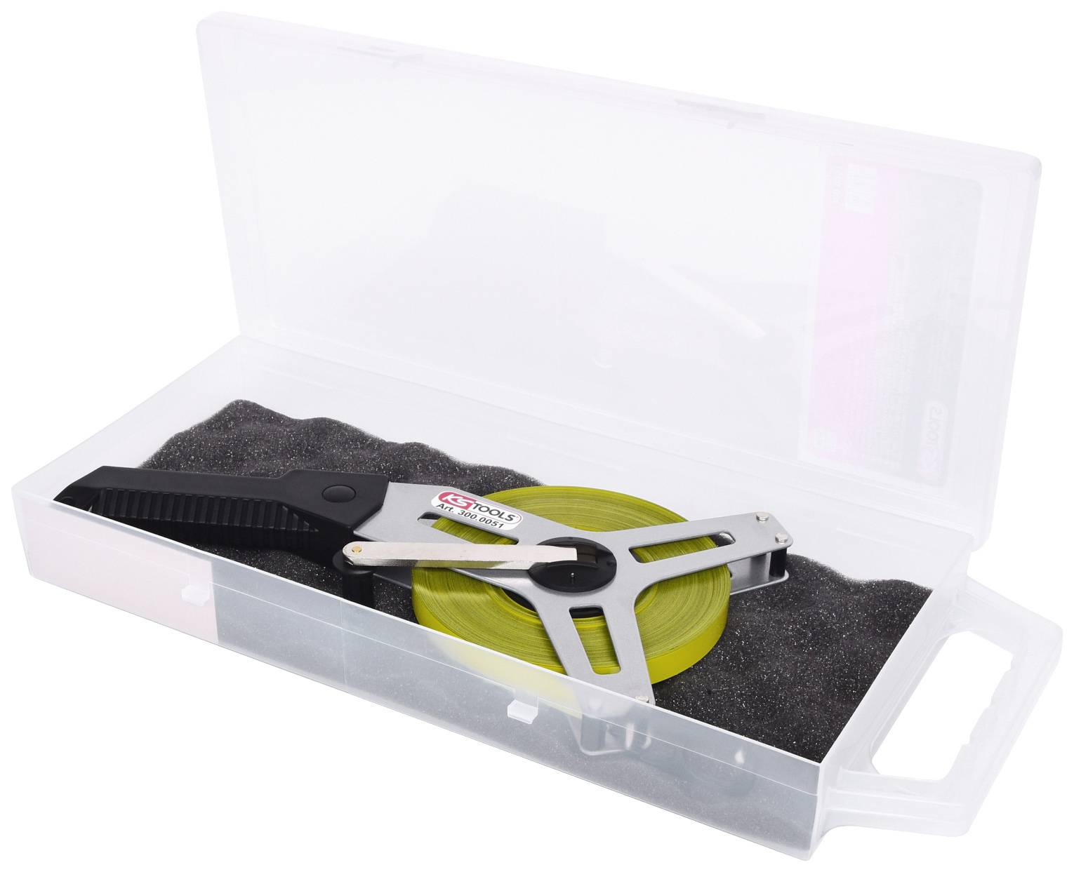A yellow tape measure in a transparent plastic box, partially open. The tape measure has a metal handle and is rolled up.
