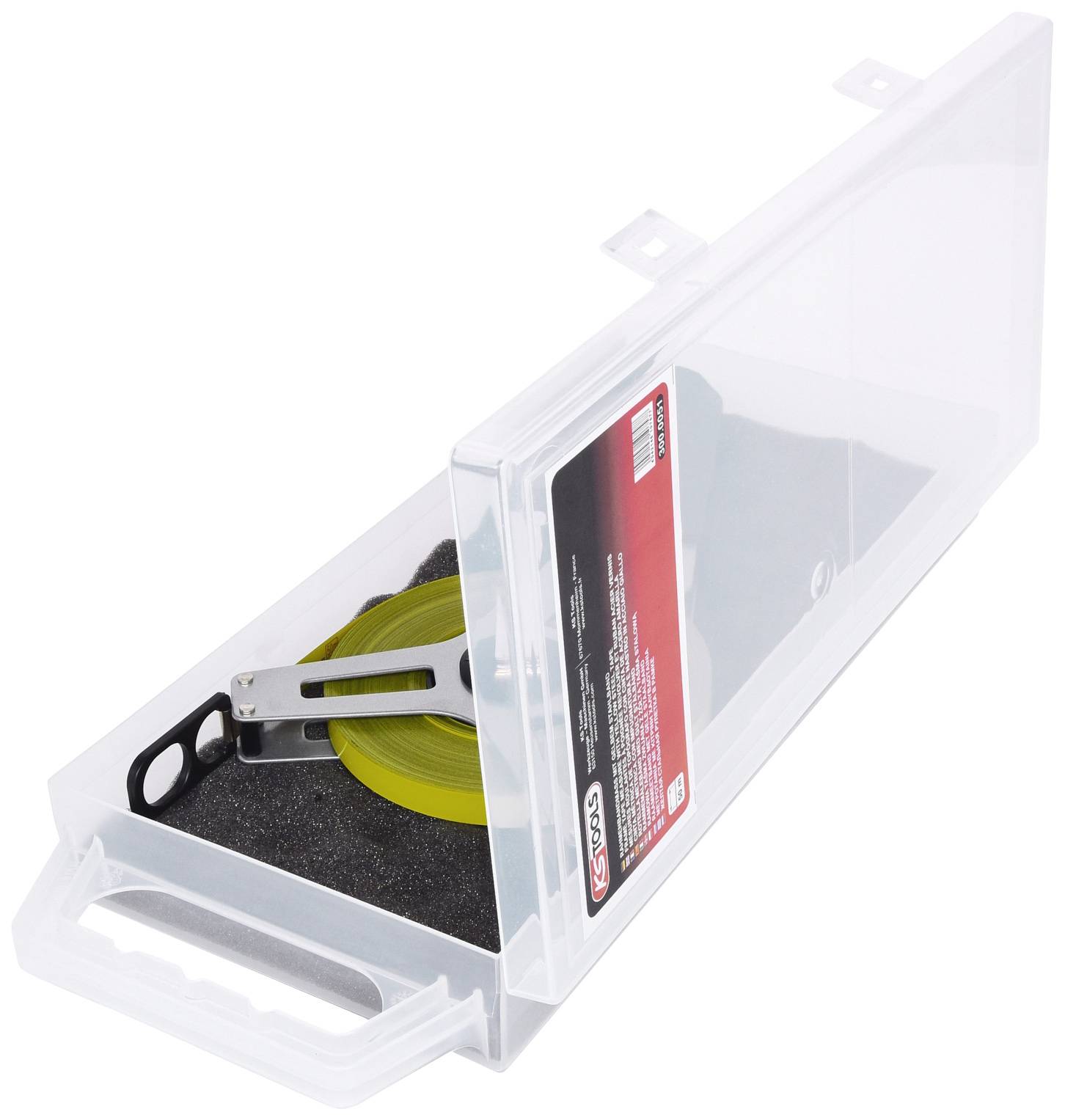 A transparent plastic box with a green measuring tape inside. The box has a handle and a black foam insert.