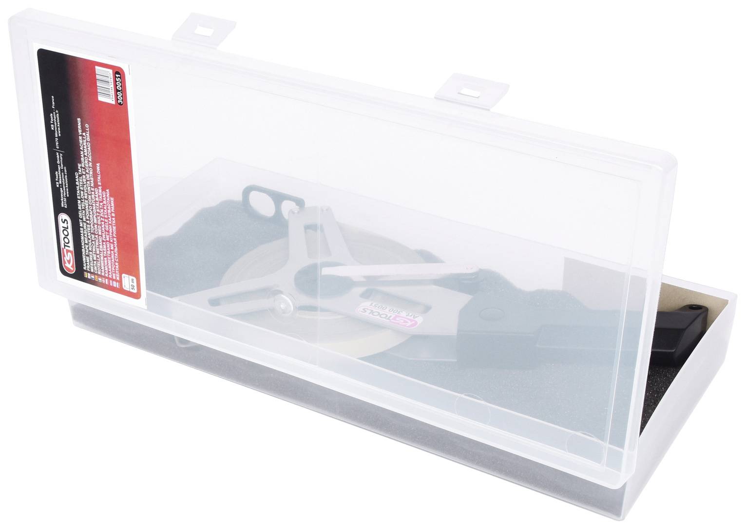 An open, transparent plastic box with a metal cutter inside, opened to reveal the internal tool.