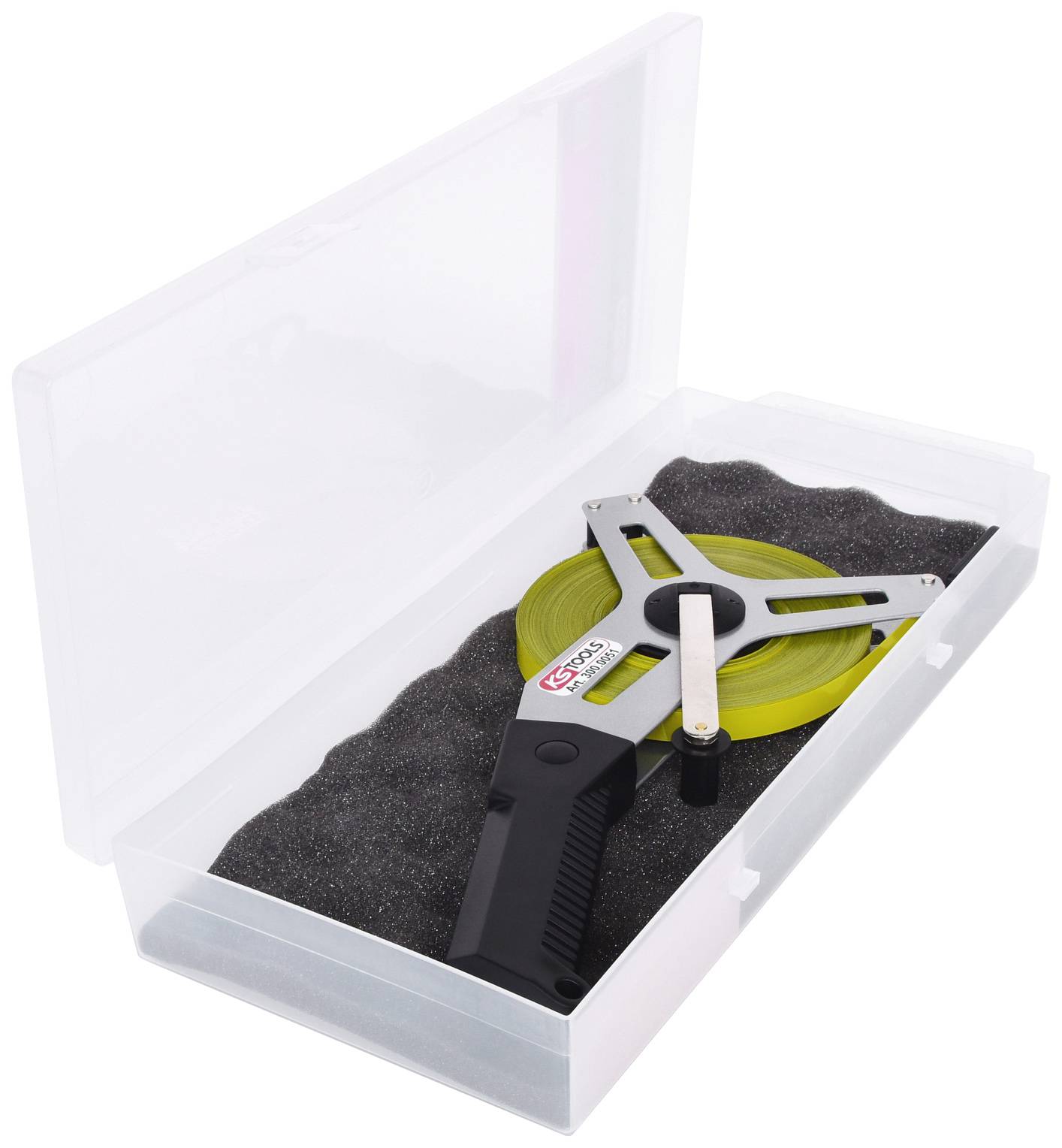 Measuring tape in an open plastic box with foam lining, yellow and black, handle and retraction mechanism visible.