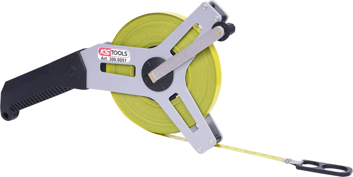 A yellow measuring tape with a handle and black grip, suitable for measuring large distances.