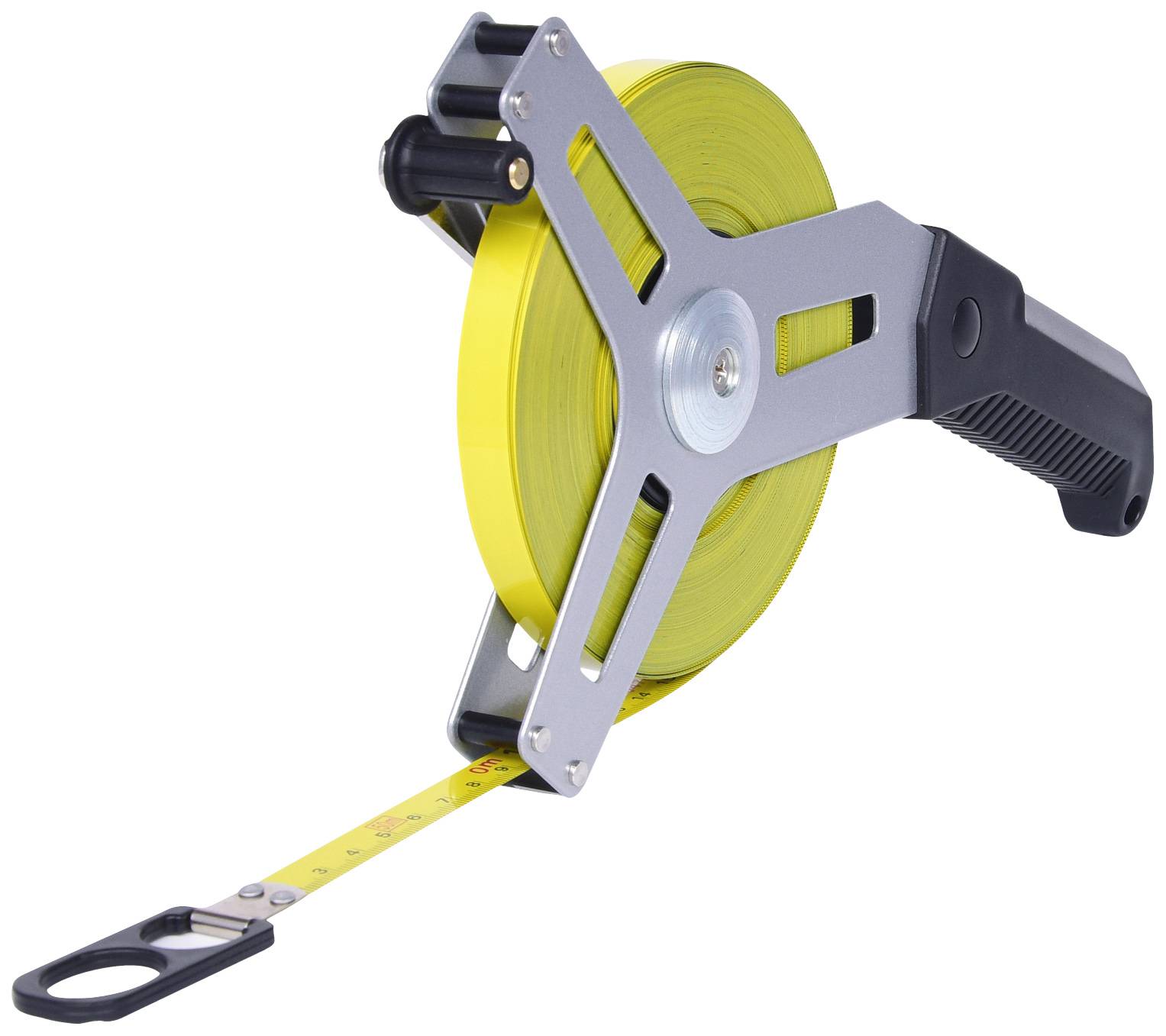 A yellow tape measure in a housing with a handle and hand crank, extended and lying on a table. Ideal for measuring long distances.