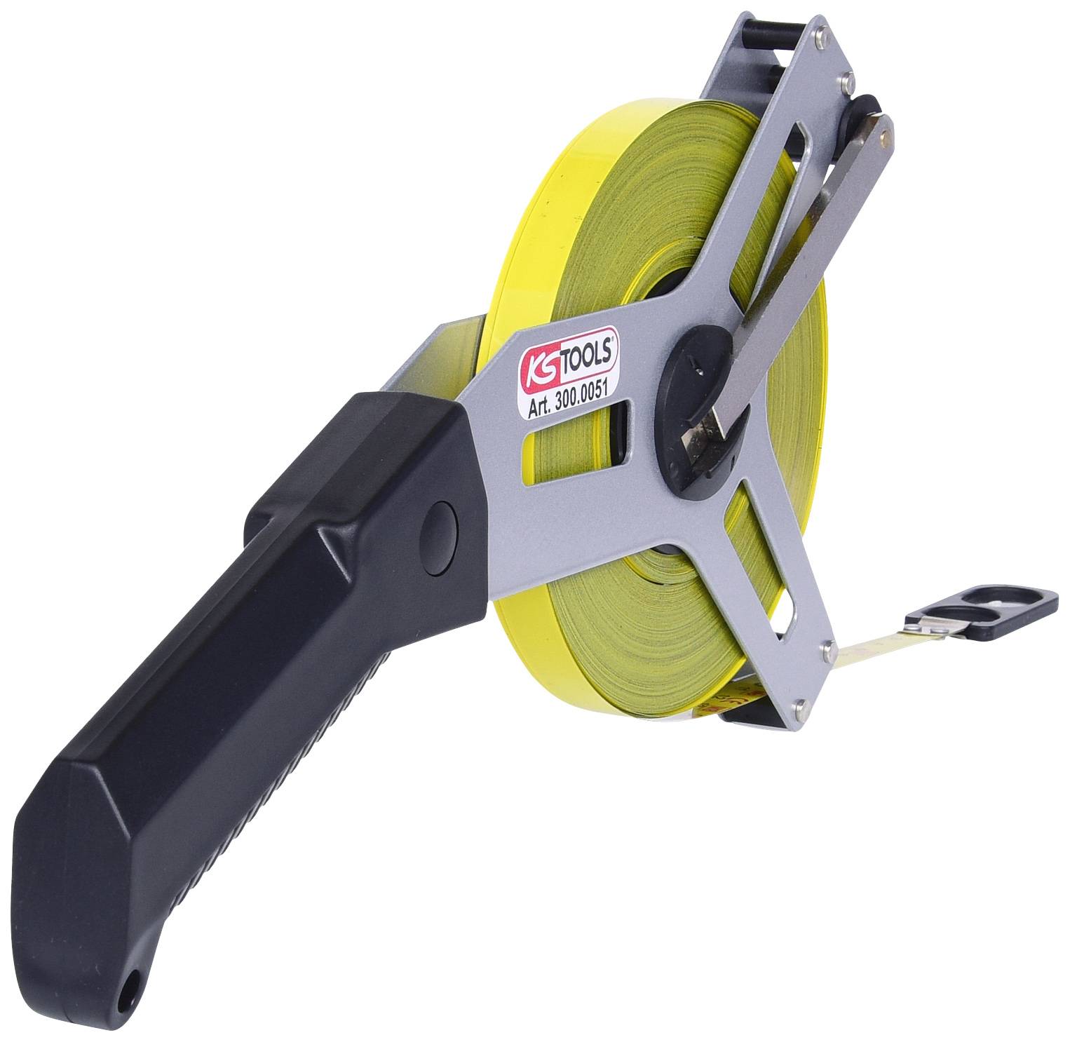 A yellow tape measure with a black handle, suitable for measuring long distances.