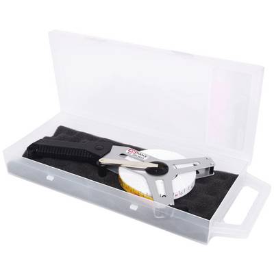 A tape measure in a transparent plastic box. The tape measure has a black casing and a white scale.