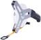 A measuring tape with a handle and hook, wound onto a sturdy mounting, is used for precise length measurement.