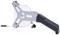 A grey-black tape measure with a metal frame and an ergonomic handle. It features a retractable measuring tape.