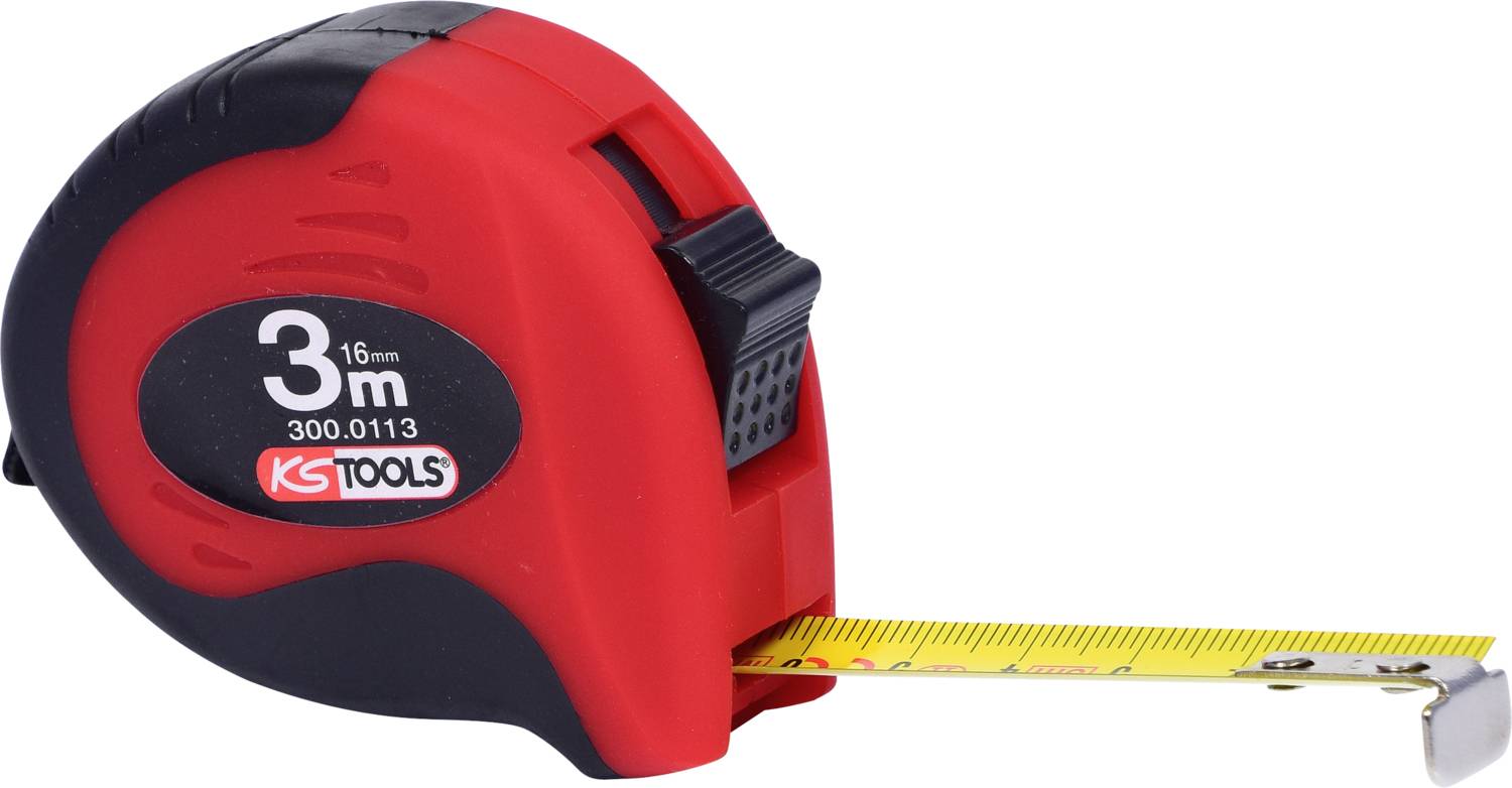 A red and black measuring tape from the KS Tools brand, measuring 3 metres in length, is partially extended.