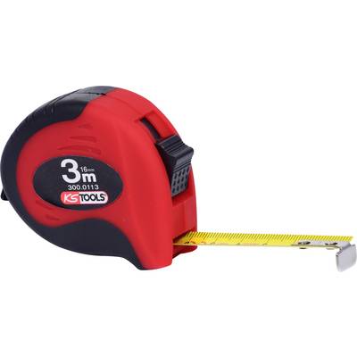 A red and black measuring tape from the KS Tools brand, measuring 3 metres in length, is partially extended.