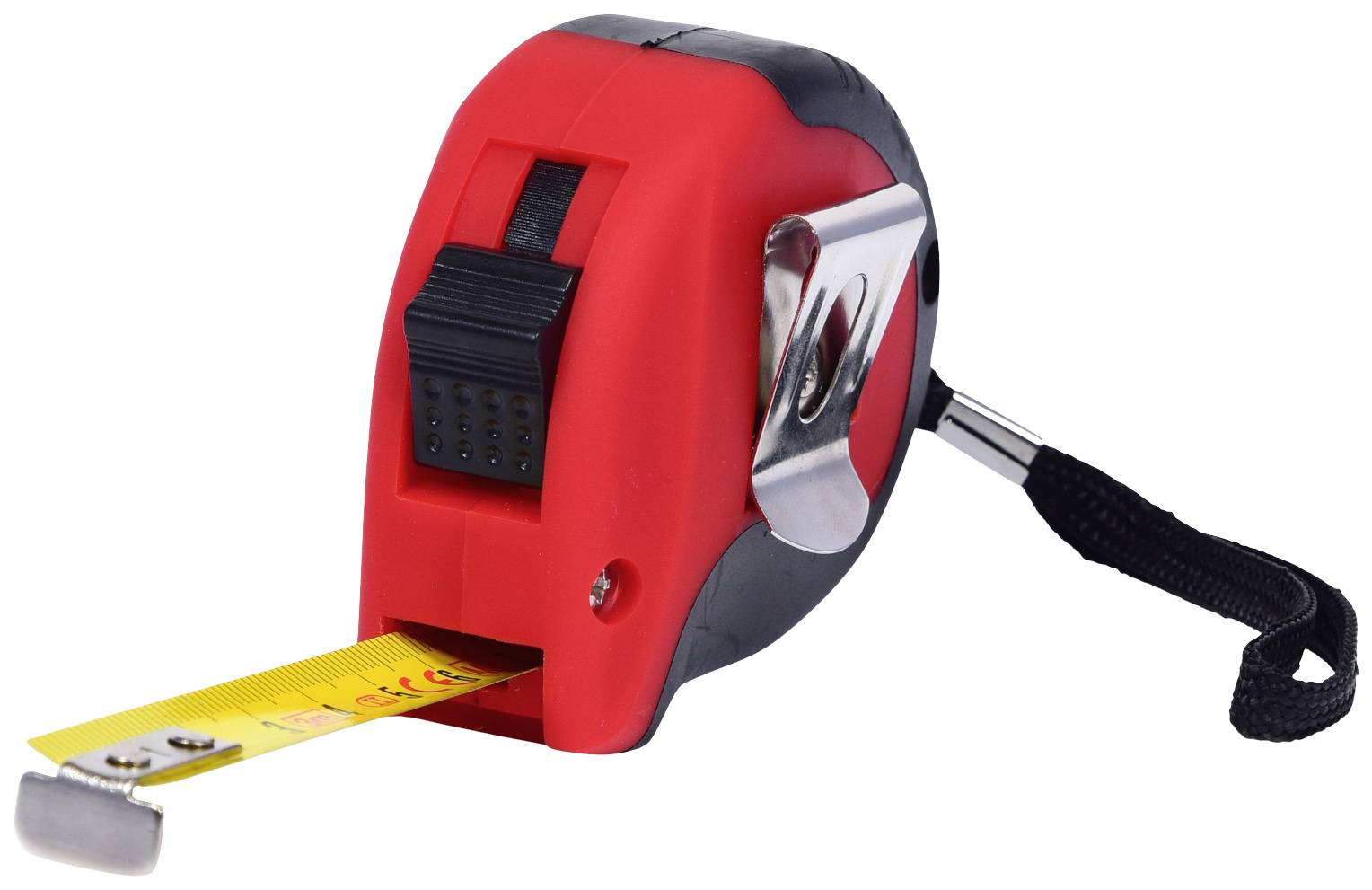 Rot and black tape measure with extended yellow scale and wrist strap.
