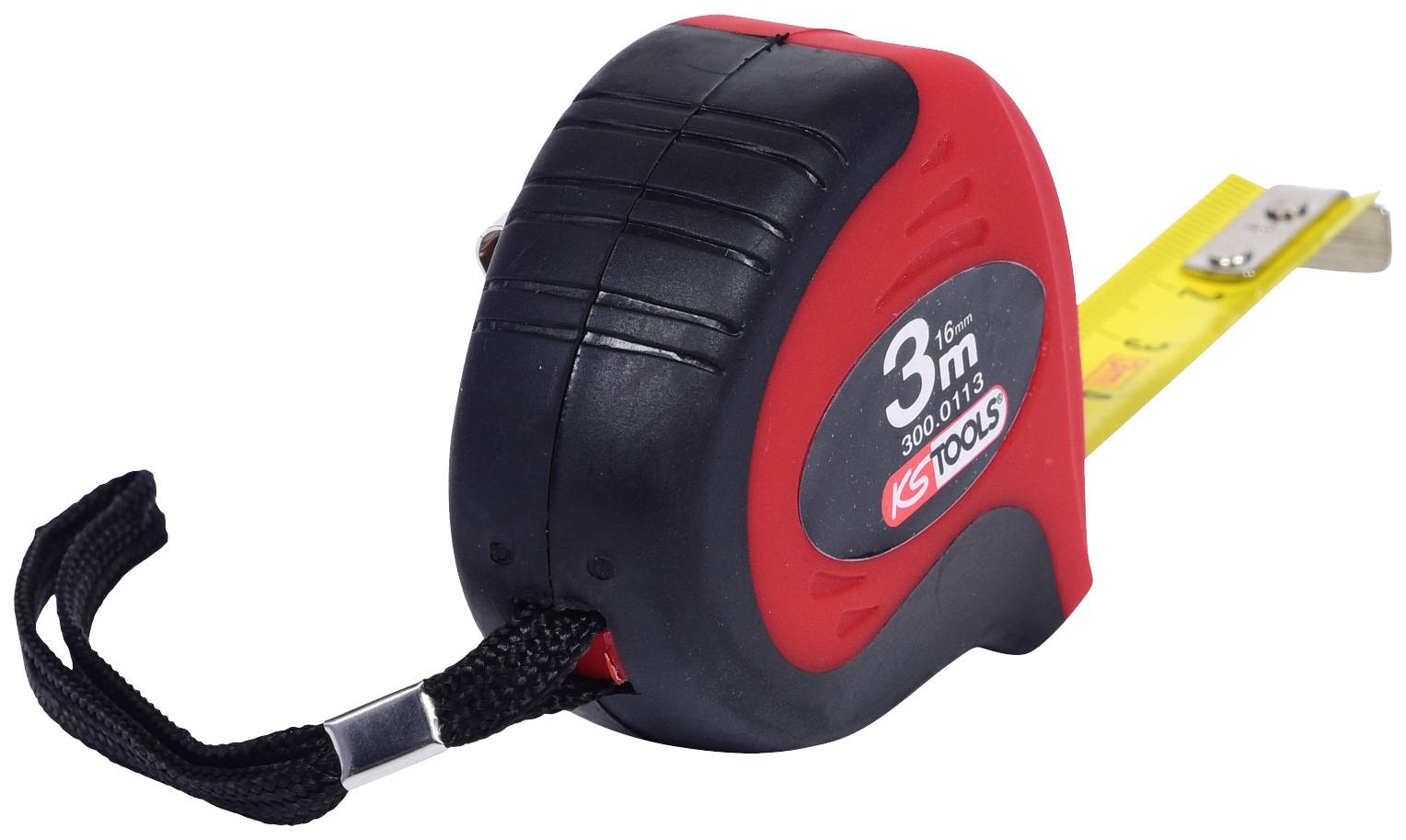 A tape measure with a red casing and black handle. The scale indicates a length of 3 metres.