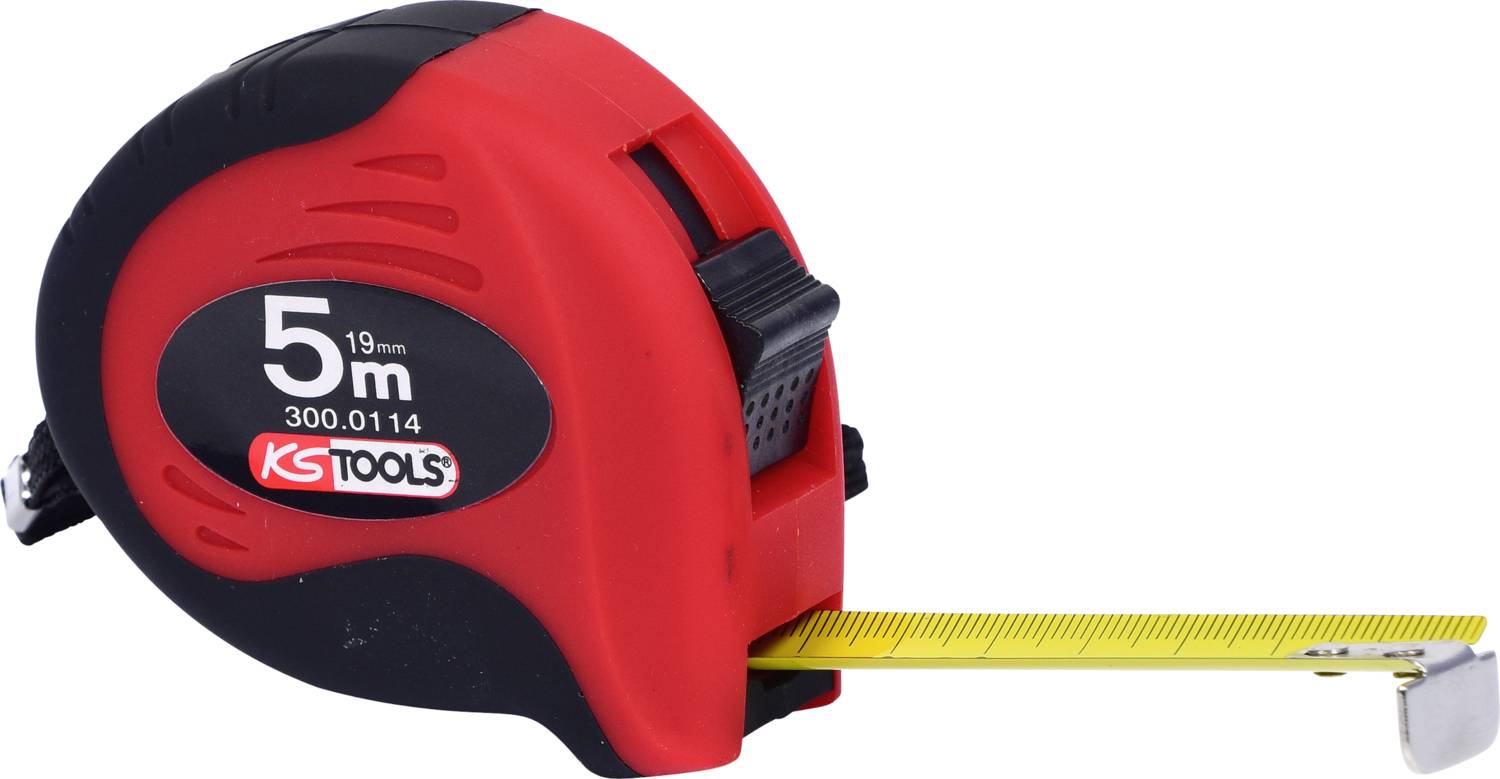 'Red measuring tape, 5 metres long, with KS Tools logo, extended yellow tape.'<br><br>Note: I've made subtle adjustments to reflect British English spelling (metres instead of meters) while maintaining the original meaning.