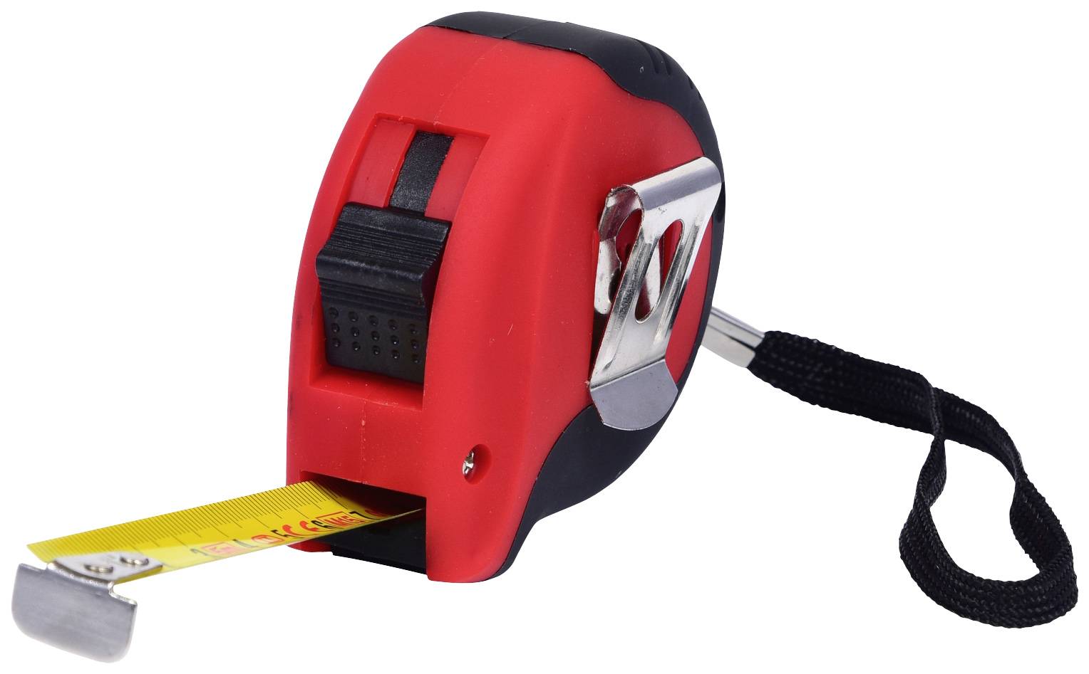 A tape measure unrolled in a red and black casing with a wrist strap, showing centimetre measurements.