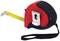 Red and black tape measure with a yellow band, partially extended. A clip on the side and a black loop are visible.<br><br>Note: This translation is in British English and maintains the original description's precise visual details while using natural language.