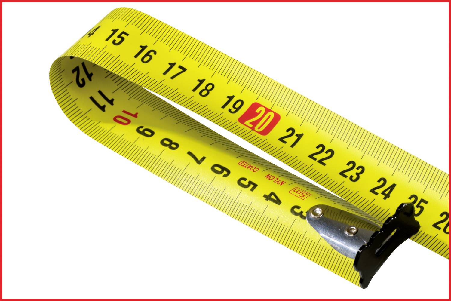 A yellow tape measure with the number '20' highlighted in red on a white background. It is arranged in a loop.