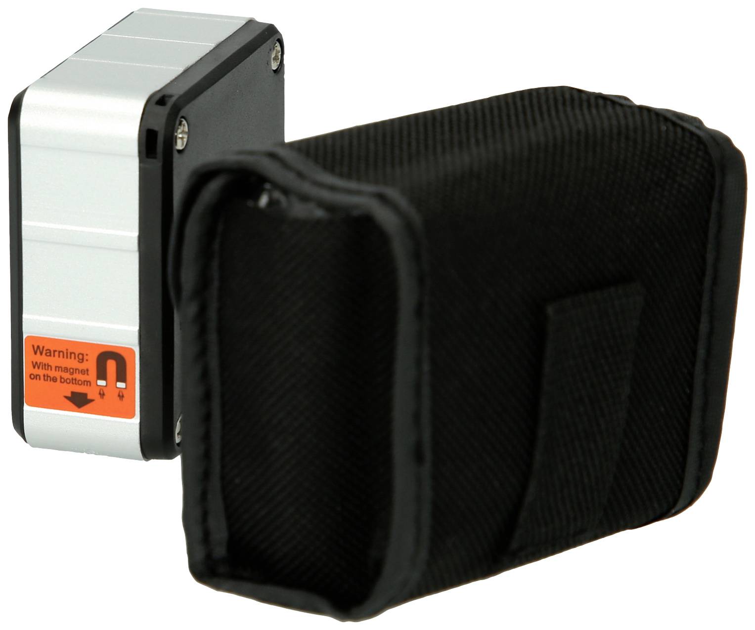 A silver device with magnetic warning and a black soft case. The device has a magnet at the bottom and is being warned.