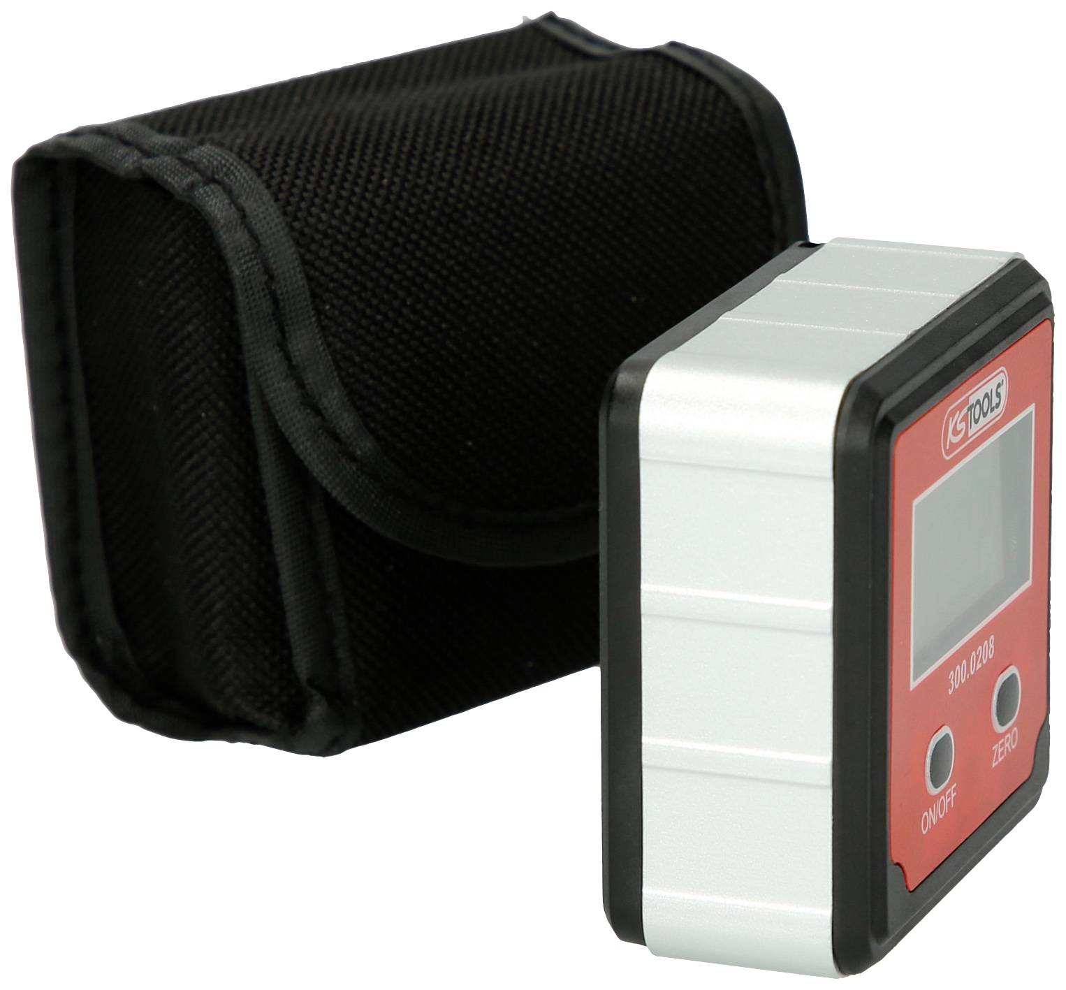 Electronic angle gauge with red display and black case beside it. Suitable for precise measurements and portability.