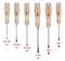 Six screwdrivers with wooden handles, various sizes and tip types: three flathead (3.5 mm, 4.5 mm, 5.5 mm), three Phillips (PH1, PH2, PZ2).