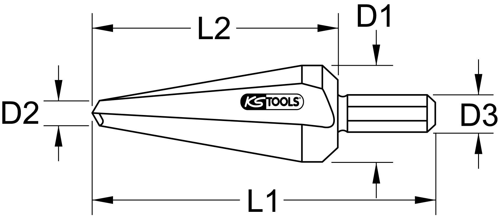 Diagram shows a stepped drill bit. Dimensions: D1, D2, D3, L1, L2 indicated. 'KS Tools' brand visible on the drill bit.