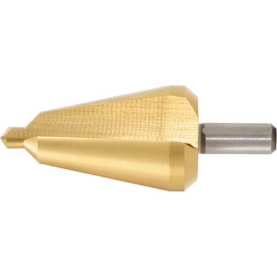 A conical screw extractor with a gold-coloured coating, used for removing damaged screws.