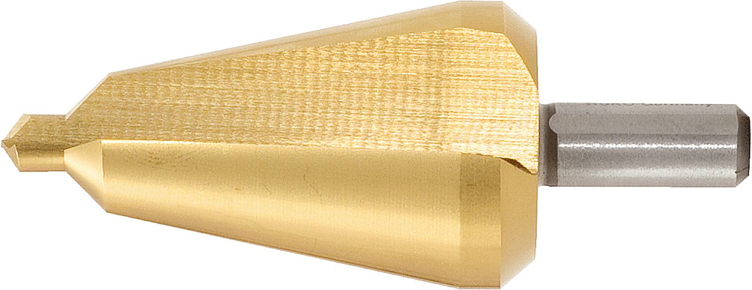 A conical drill bit made of shiny metal, primarily gold in colour, with a silver shaft, is shown from the side.
