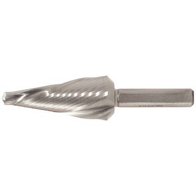 A conical metal milling bit with spiral cutting edges, used for milling or drilling in various materials.