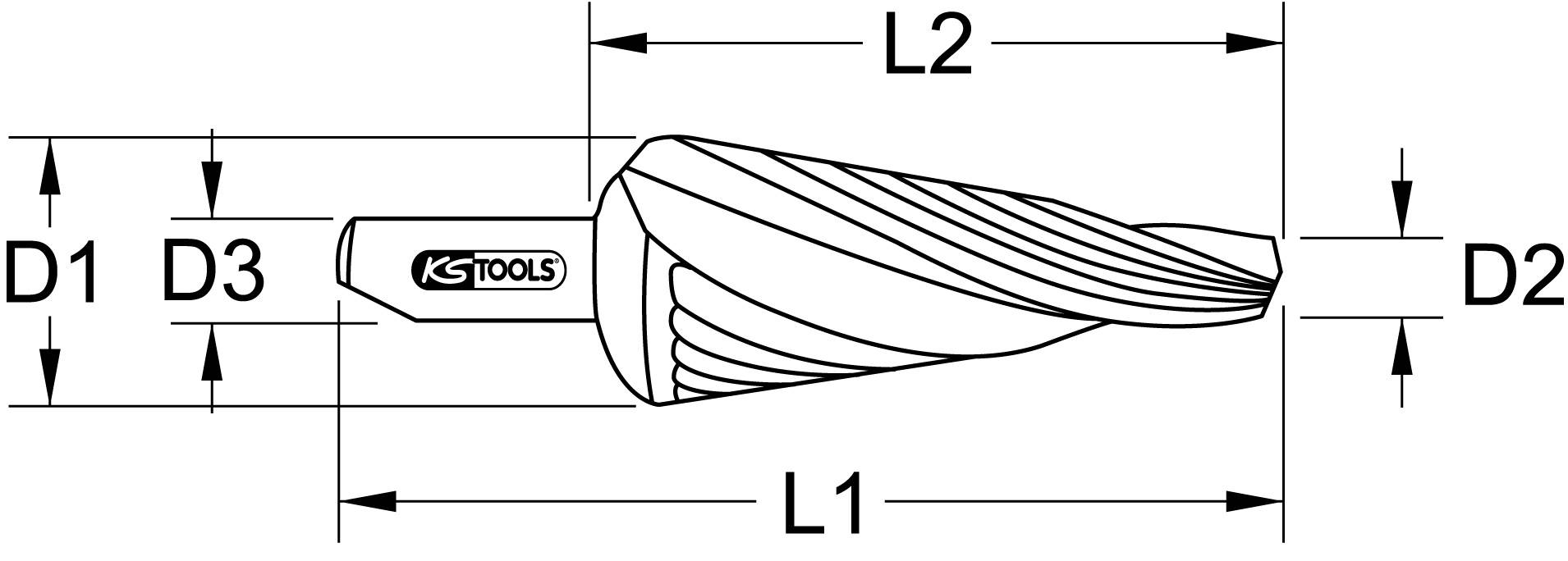'Dimensioned drawing of a conical tool with marking of lengths (L1, L2) and diameters (D1, D2, D3); KS Tools logo.'