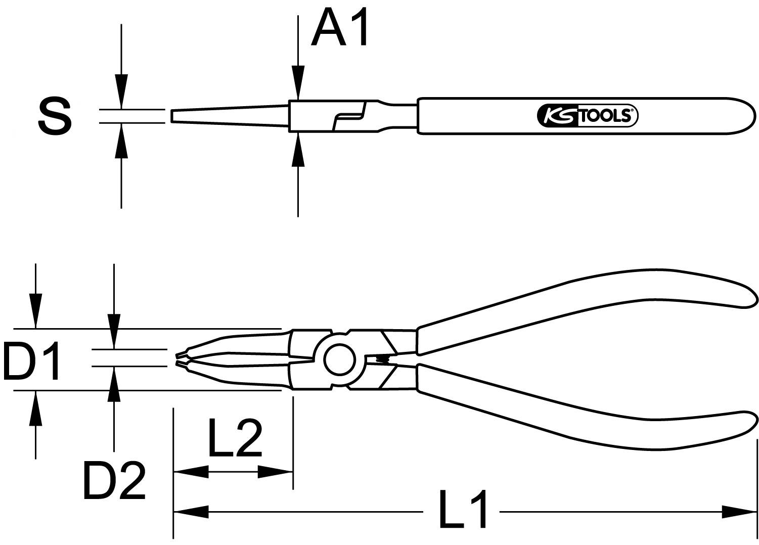 Illustration of two pliers with dimensional markings. At the top, a precision pliers with the inscription 'KS TOOLS' and marking 'A1'. Below, a larger pliers with markings 'S', 'D1', 'D2', 'L1', 'L2'.