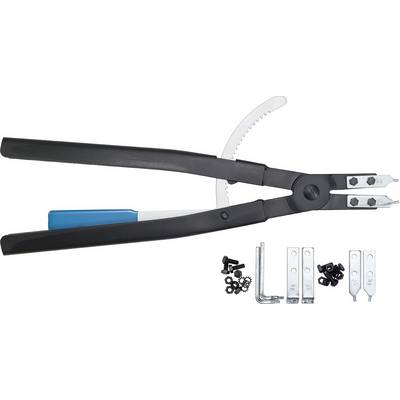 A pair of pliers with blue handles and a serrated gripping section, shown alongside various screws and metal brackets.