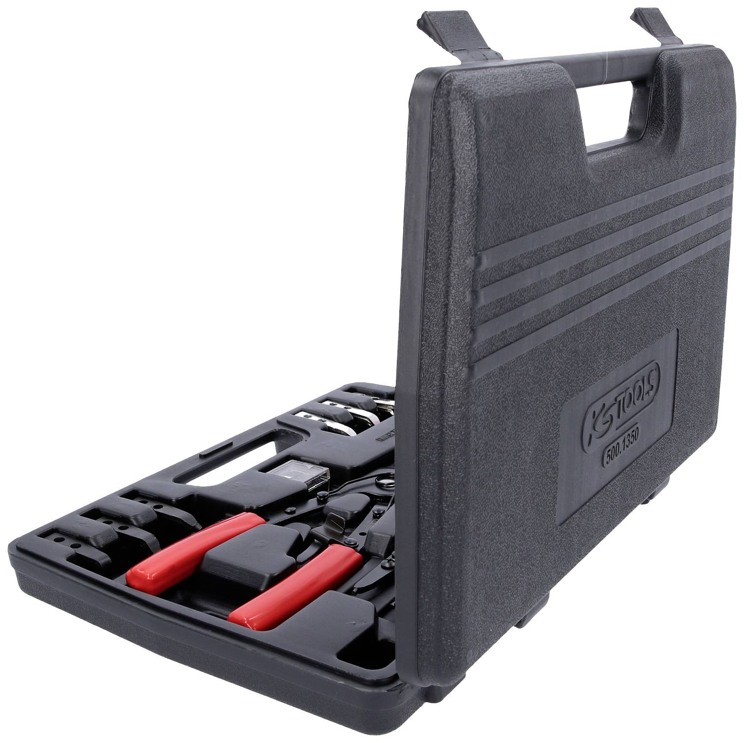 Black tool case with red tools inside, opened and viewed from the side. Carry handle visible, made of plastic material.