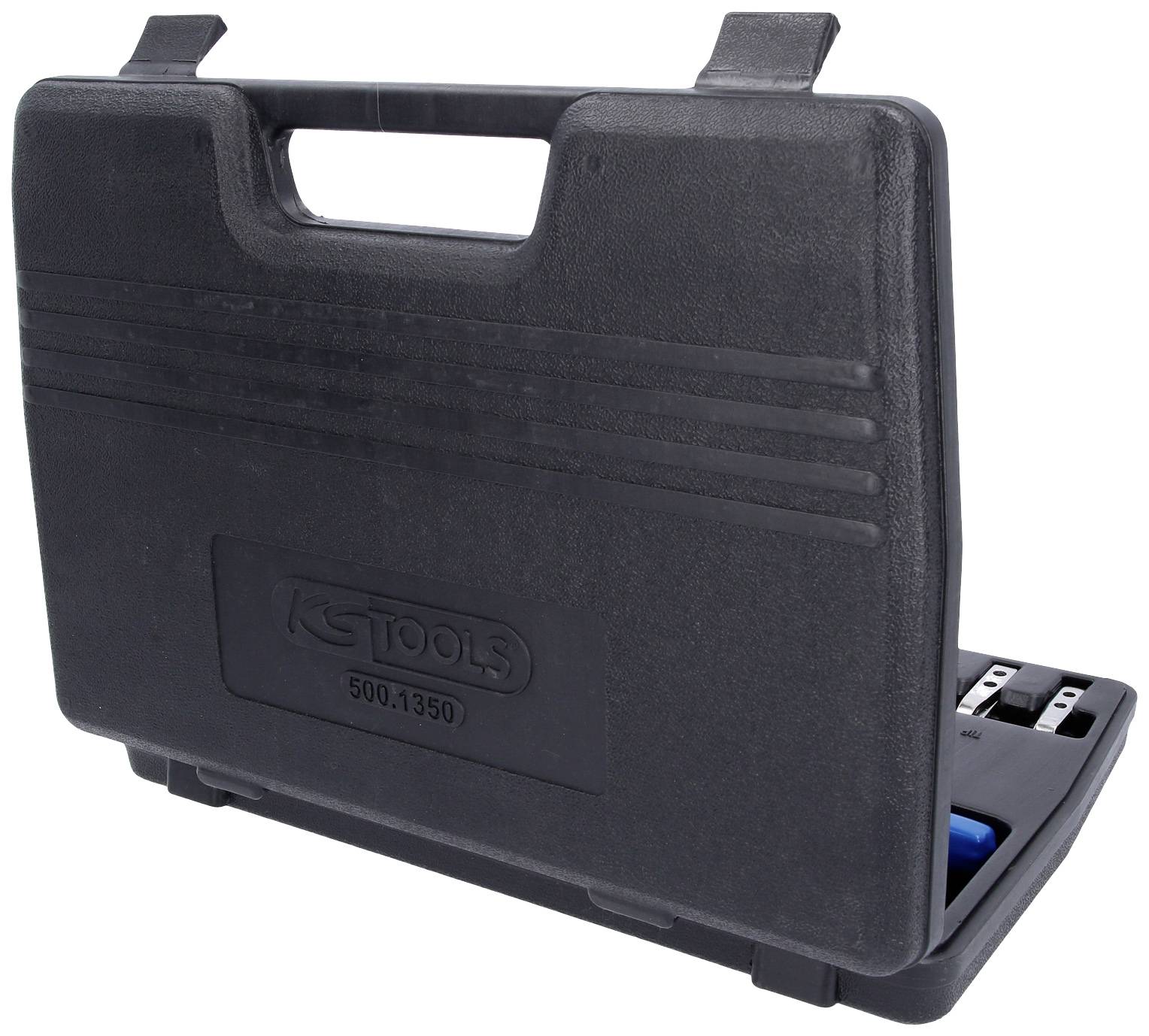 Black tool case made of hard plastic with an integrated handle, open. 'KS Tools' logo visible on the side.