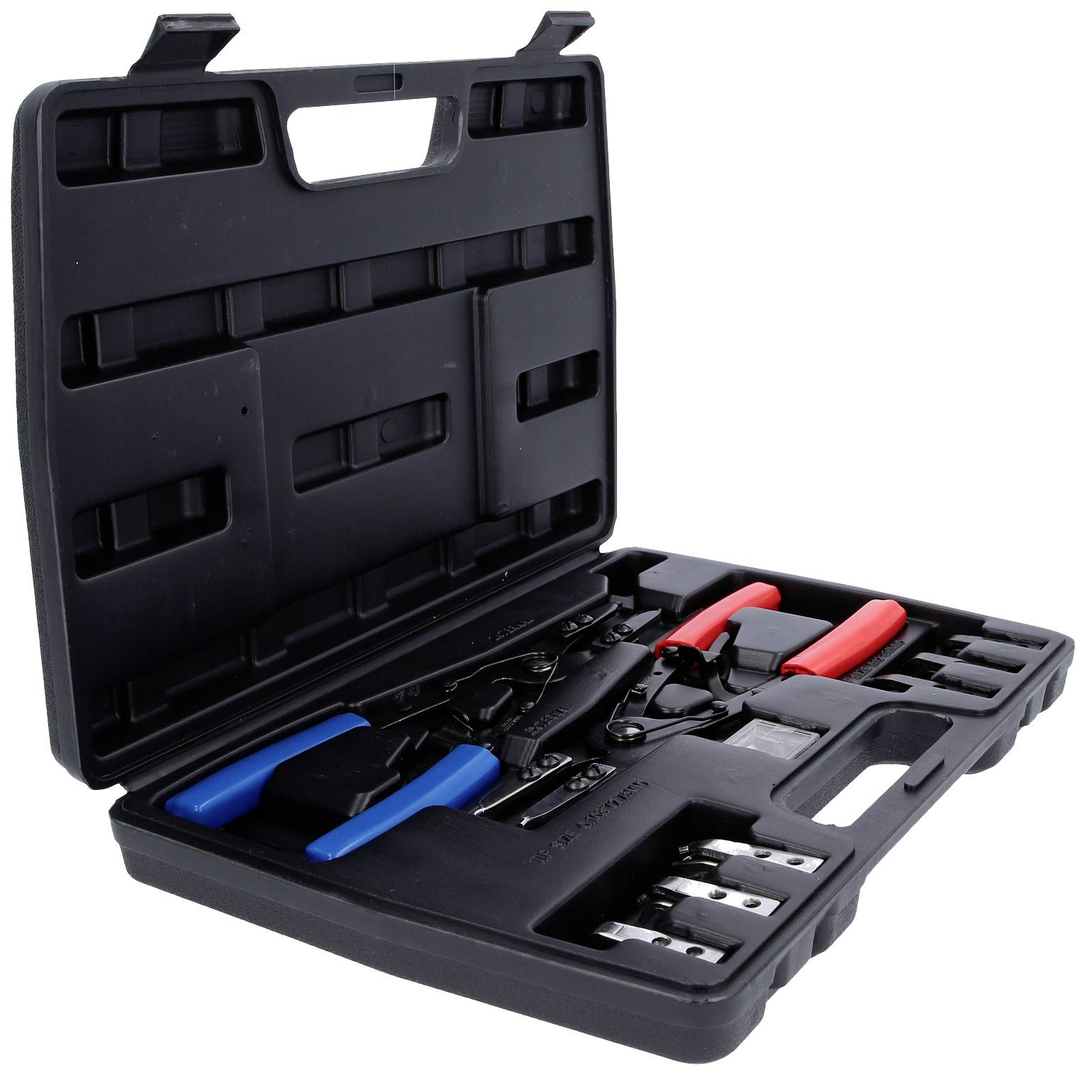An open black toolbox with various pliers and tools, some with blue and red handles.