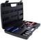 An open black toolbox with various pliers and tools, some with blue and red handles.