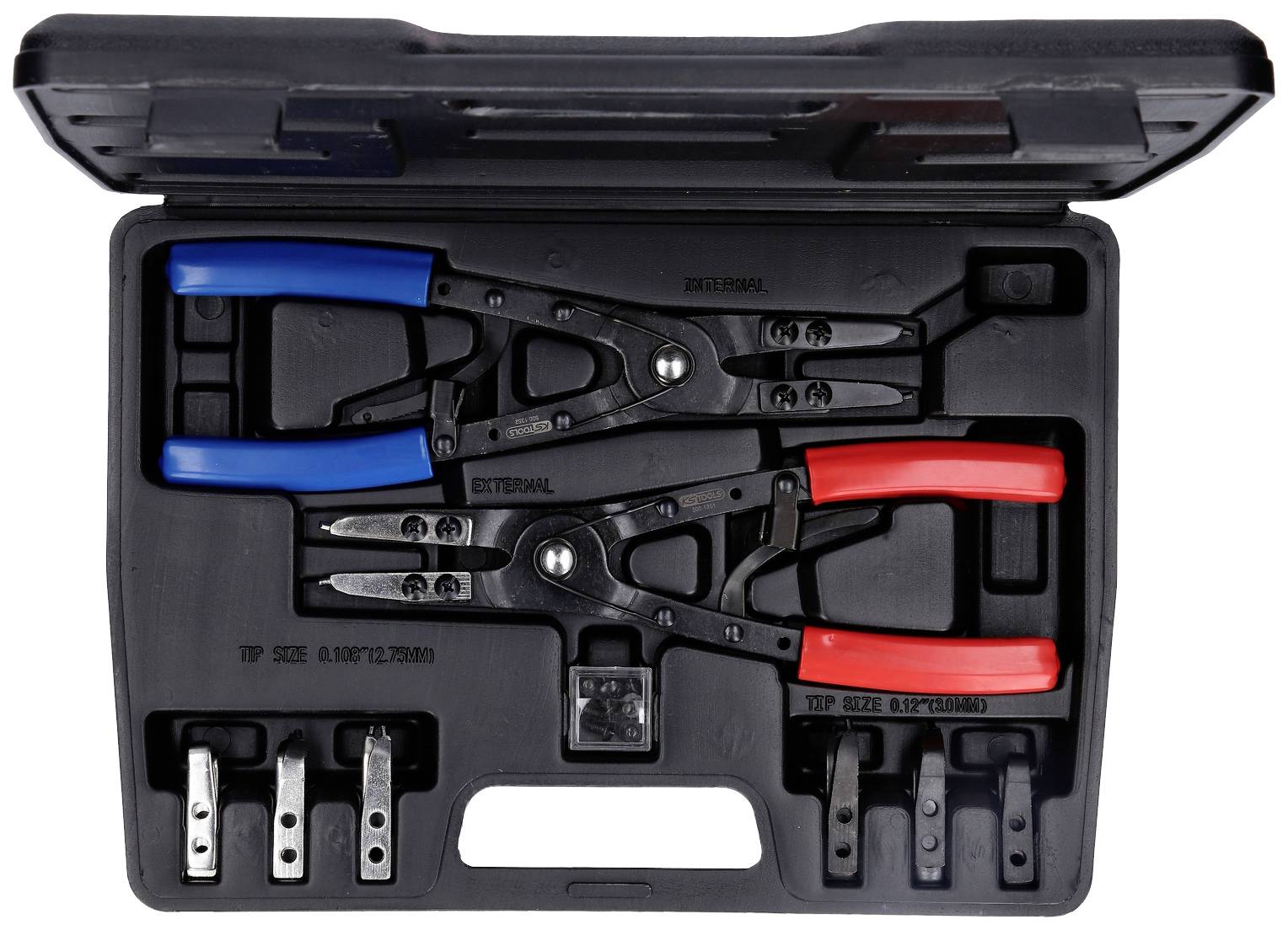 A tool case containing two pliers, one with blue handles and one with red handles, along with spare tips stored at the bottom of the case.