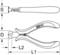 Diagram of a pair of pliers by KS Tools with dimensions S, D, L1, L2. The image shows the pliers from the side and from above to illustrate the measurements.