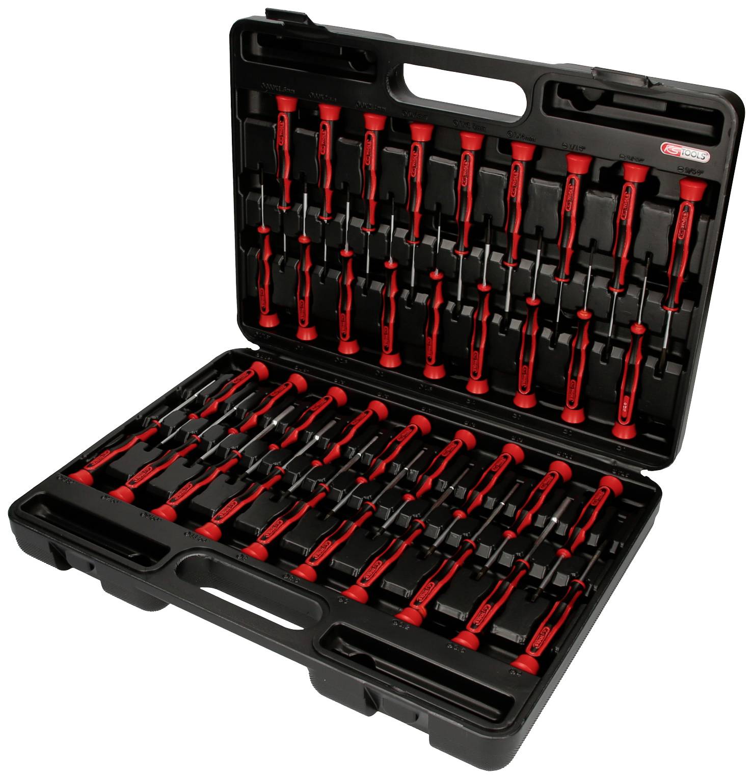 An open black toolcase containing several red screwdrivers in various sizes.