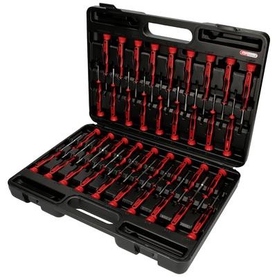 An open black toolcase containing several red screwdrivers in various sizes.