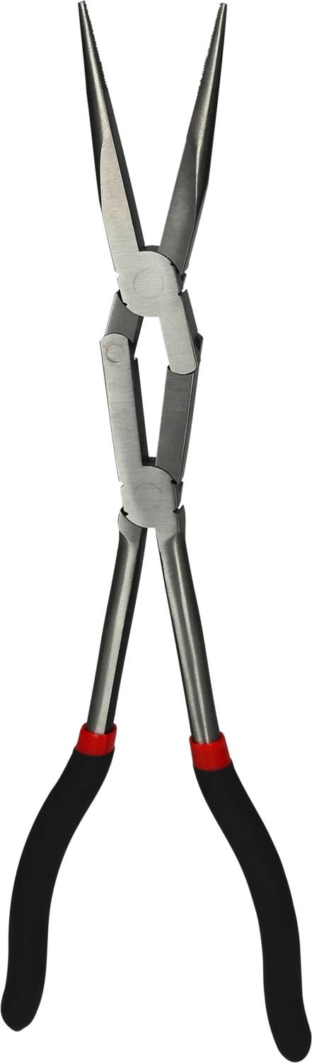 Long pointed pliers with red and black handles, suitable for precise and hard-to-reach work in crafts or hobbies.