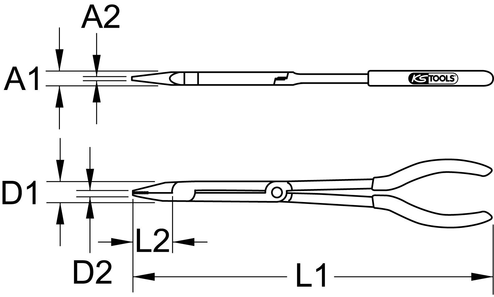 Technical drawing of a pair of pliers with various dimensions: A1, A2, D1, D2, L1, L2. Shows details and proportions of the pliers.