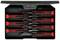 A set of eight precision screwdrivers in a black plastic box. The handles are red and black and ergonomically shaped.