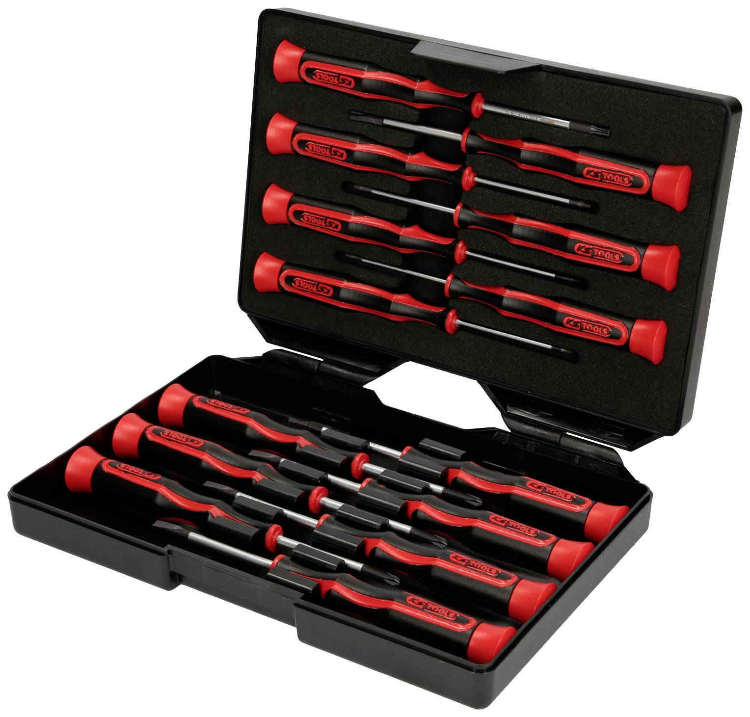 A black tool case containing twelve red screwdrivers of various sizes, arranged in a robust plastic compartment.