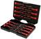 A black tool case containing twelve red screwdrivers of various sizes, arranged in a robust plastic compartment.