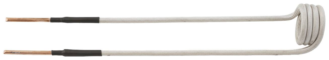 A long heating wire with a copper tip and a spiral-shaped end loop at one end, insulated by a white casing.