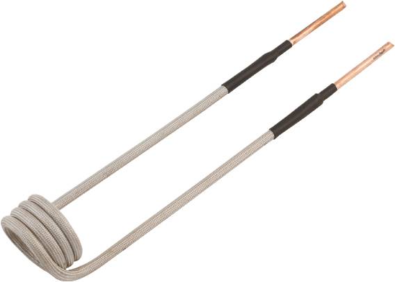 A heating element with insulated cables and copper terminals, suitable for applications such as induction heating or electrical appliances.