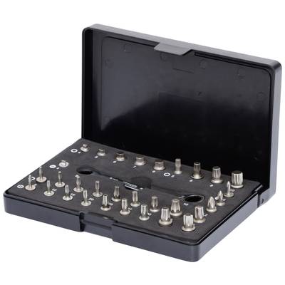'Screwdriver bit set in a black plastic box, open with various bit types arranged in foam inserts.'