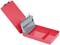 A red, open case containing several metal drill bits arranged on a holder.